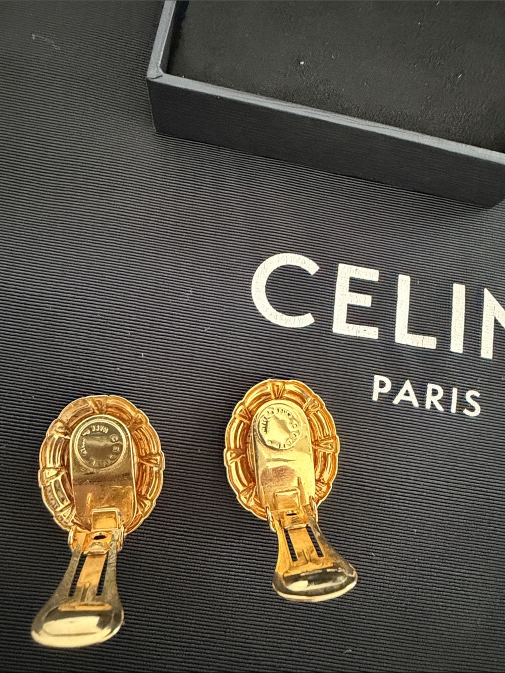 Celine Gold Plated Two Tone Embossed Medallion Clip Earrings - Picture 4 of 6